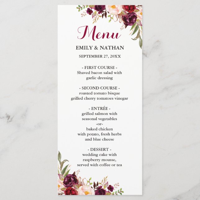 Burgundy Red Floral Wedding Menu (Front)
