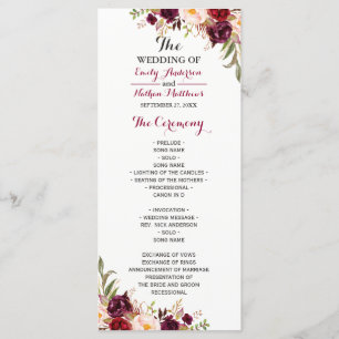 Burgundy Red Floral Wedding Program Programme
