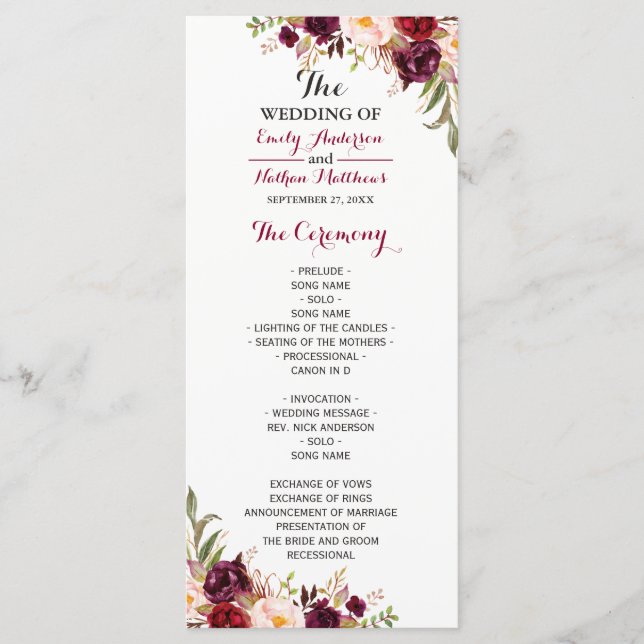 Burgundy Red Floral Wedding Program Programme (Front)