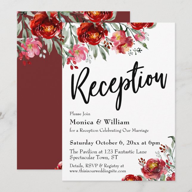 Burgundy Red Floral Wedding Reception Typography Invitation (Front/Back)