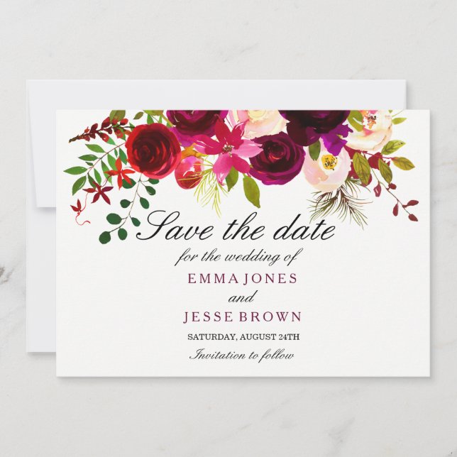 Burgundy Red Floral Wedding Save The Date Card (Front)