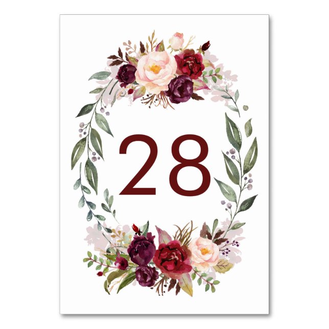 Burgundy Red Floral Wedding Table Number Cards (Front)