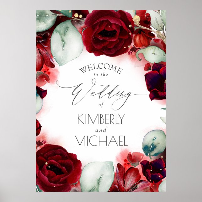 Burgundy Red Floral Wedding Welcome Poster (Front)