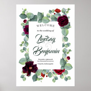 Burgundy Red Floral Wedding Welcome Sign