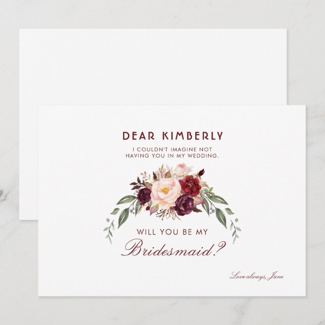 Burgundy Red Floral Will You Be My Bridesmaid Invitation (Front/Back)