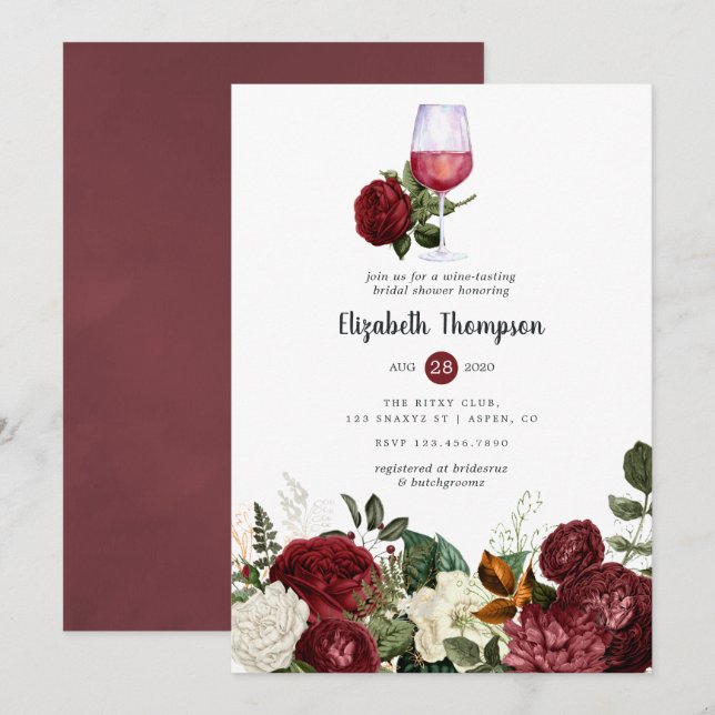 Burgundy Red Floral Wine Tasting Bridal Shower Invitation (Front/Back)