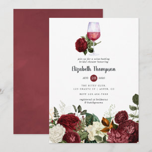 Burgundy Red Floral Wine Tasting Bridal Shower Invitation