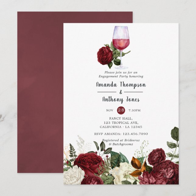 Burgundy Red Floral Wine Tasting Engagement Party Invitation (Front/Back)