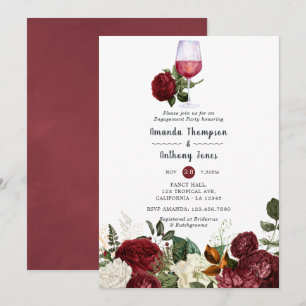 Burgundy Red Floral Wine Tasting Engagement Party Invitation