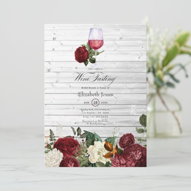 Burgundy Red Floral Wine themed Bridal Shower Invitation (Standing Front)