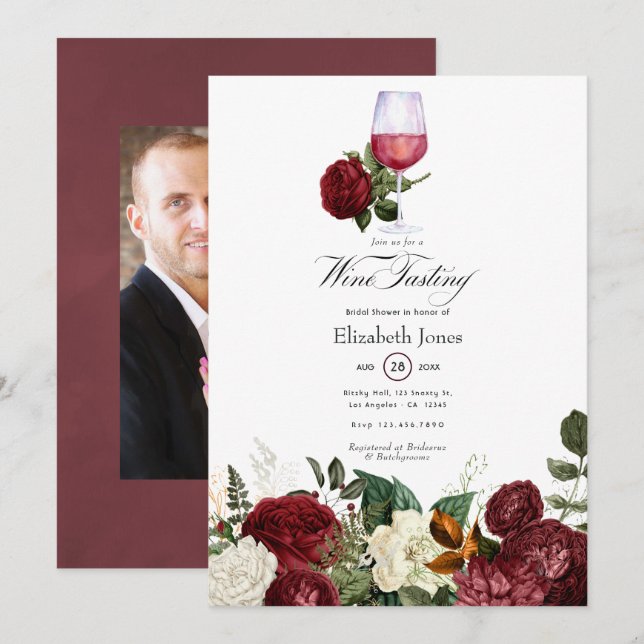 Burgundy Red Floral Wine themed Bridal Shower Invitation (Front/Back)