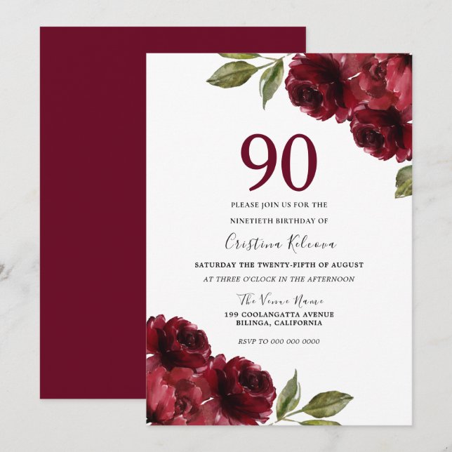 Burgundy Red Floral Womans 90th Birthday Party Invitation (Front/Back)