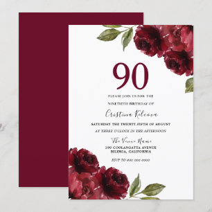 Burgundy Red Floral Womans 90th Birthday Party Invitation