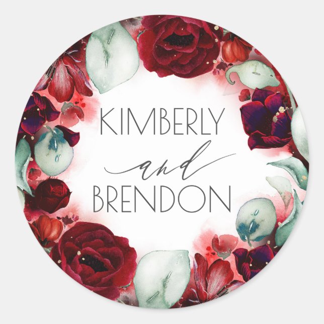Burgundy Red Floral Wreath Boho Chic Classic Round Sticker (Front)