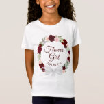 Burgundy Red Floral Wreath Wedding Flower Girl T-Shirt<br><div class="desc">This cute t-shirt is designed as a gift or favour for your wedding flower girl. The design features a wreath of hand painted watercolor roses in shades of burgundy, red, and blush pink with script text reading "Flower Girl" and a place for her name. Perfect way to thank her for...</div>