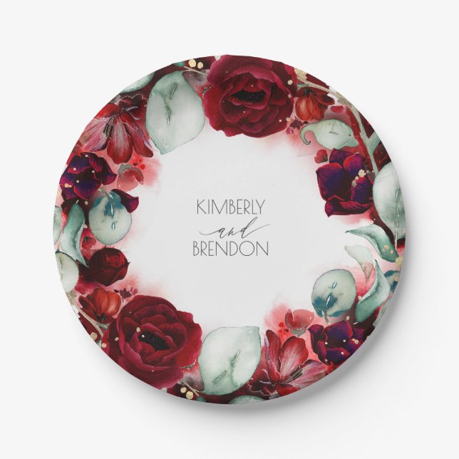 Burgundy Red Floral Wreath Wedding Paper Plate (Front)