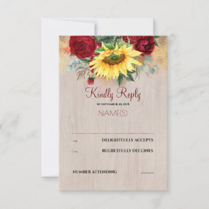 Burgundy Red Florals and Sunflowers Wedding RSVP Card