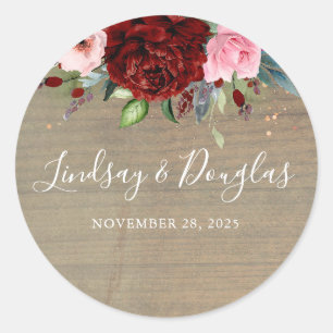 Burgundy Red Florals Rustic Wedding Classic Round Sticker