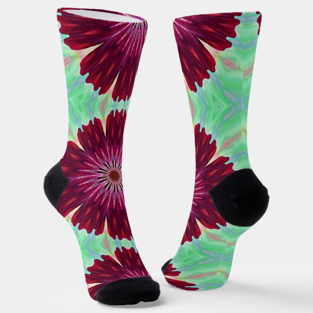 Burgundy Red Flower Mandala Art Fun Socks (Angled)