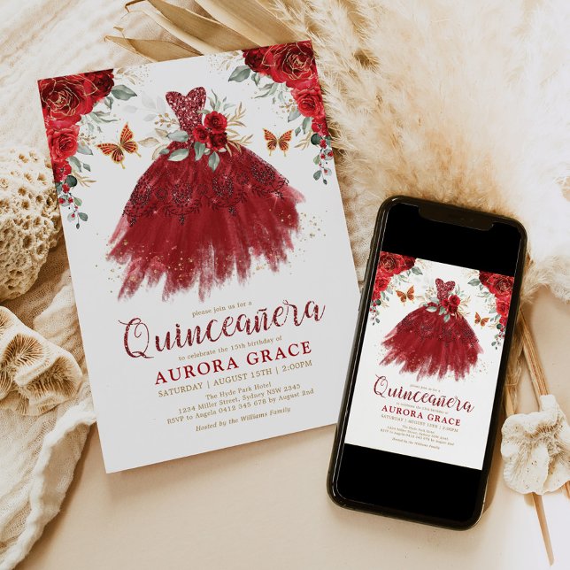 Burgundy Red Flower Quinceañera Princess Dress Invitation (Creator Uploaded)