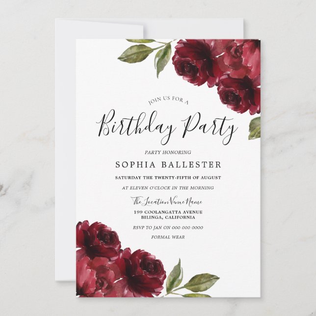 Burgundy Red Flowers All Ages Birthday Party Invitation (Front)