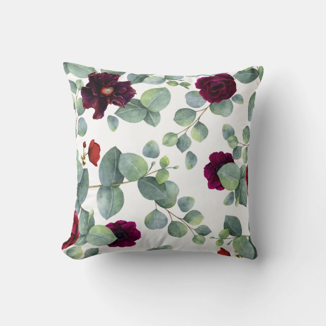Burgundy Red Flowers and Eucalyptus Greenery Cushion (Front)