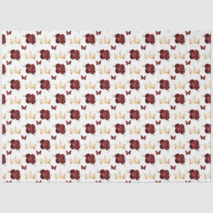 Burgundy Red Flowers and Gold Crowns Tissue Paper