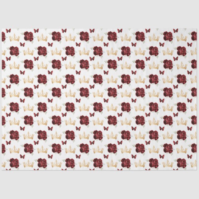 Burgundy Red Flowers and Gold Crowns Tissue Paper (Front)