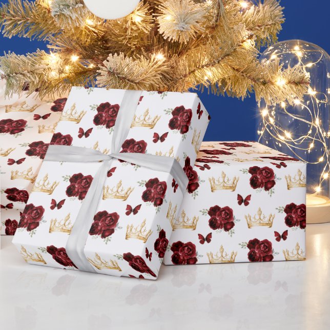 Burgundy Red Flowers and Gold Crowns Wrapping Paper (Holidays)
