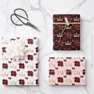 Burgundy Red Flowers and Gold Crowns Wrapping Paper Sheet