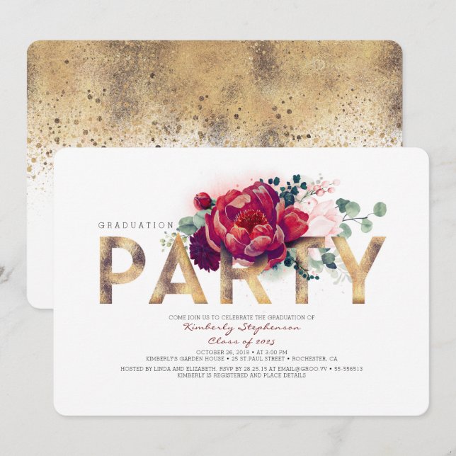 Burgundy Red Flowers and Gold Graduation Party Invitation (Front/Back)