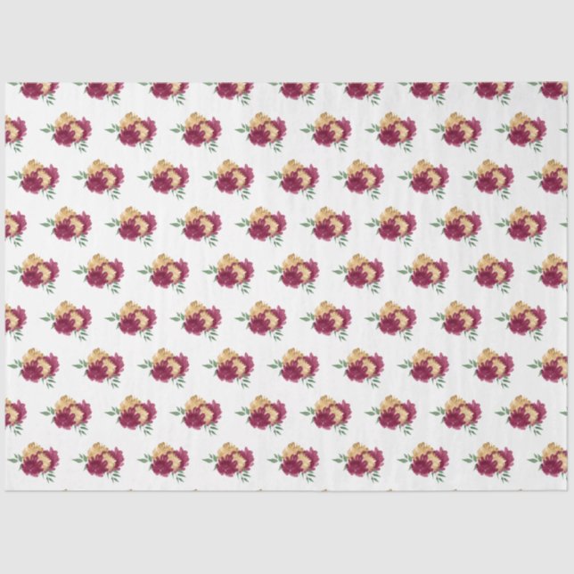 Burgundy Red Flowers and Greenery Pattern Tissue Paper (Front)