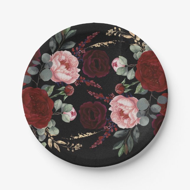 Burgundy Red Flowers Black Modern Fall Wedding Paper Plate (Front)