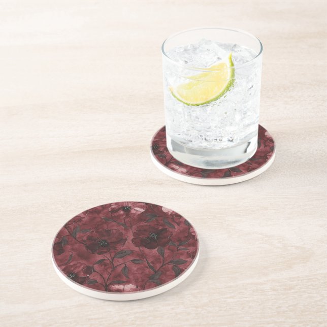 Burgundy Red Flowers Coaster (Side)