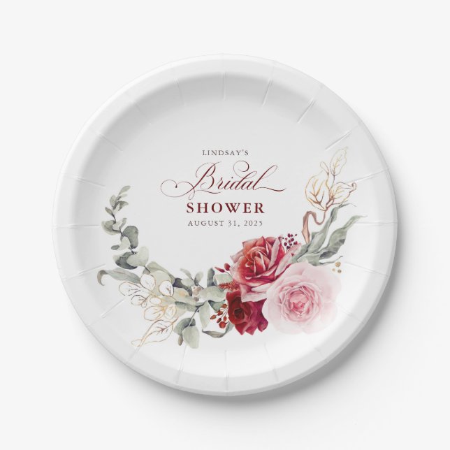 Burgundy Red Flowers Elegant Boho Bridal Shower Paper Plate (Front)