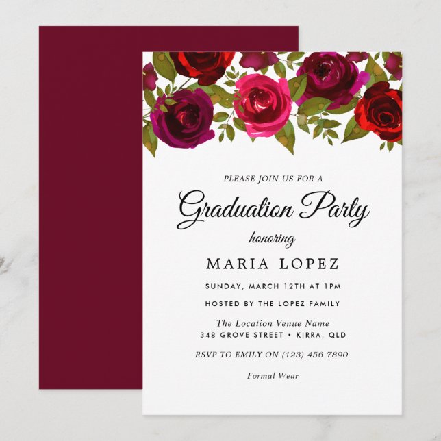 Burgundy Red Flowers Elegant Graduation Party Invitation (Front/Back)