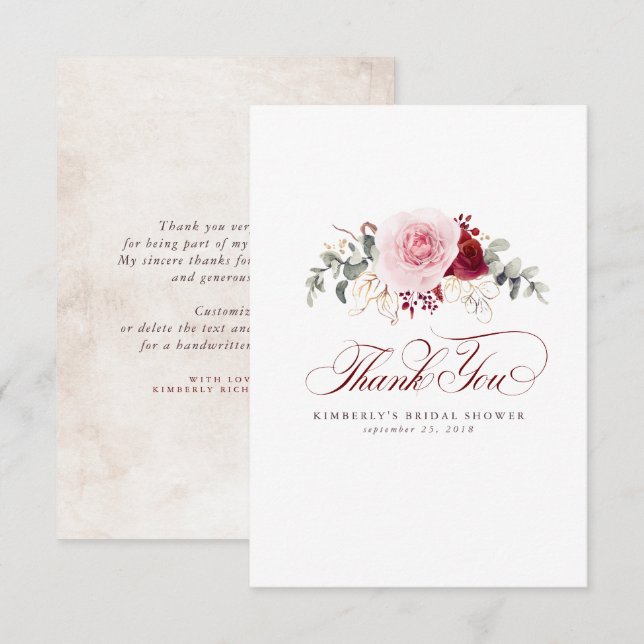 Burgundy Red Flowers Elegant Little Thank You Card (Front/Back)