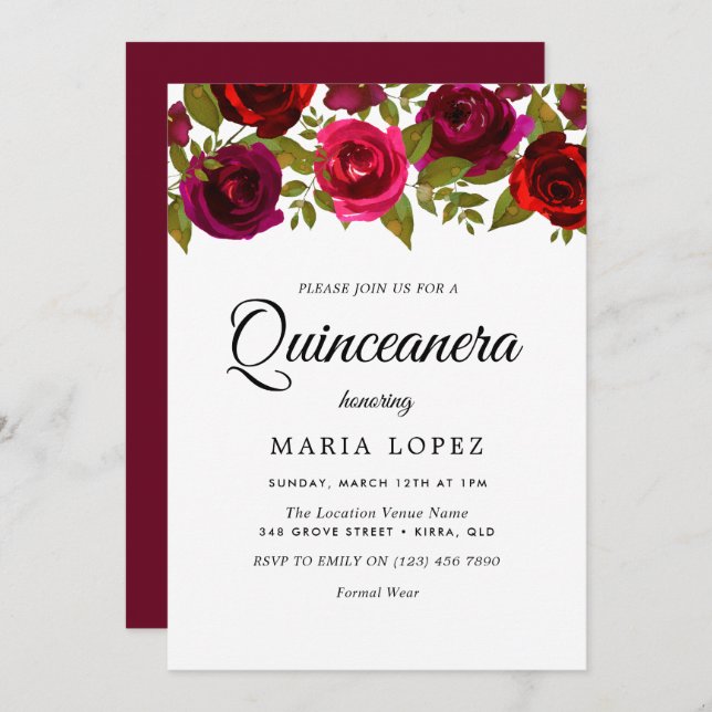 Burgundy Red Flowers Elegant Quinceanera Invite (Front/Back)