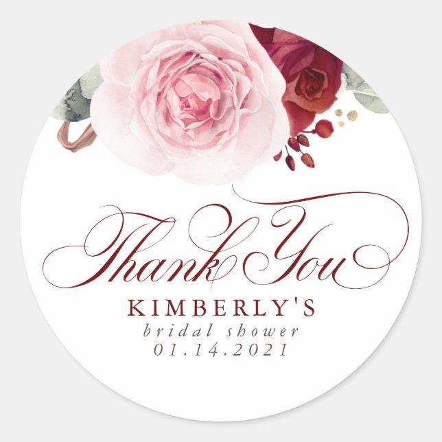 Burgundy Red Flowers Elegant Thank You Classic Round Sticker (Front)