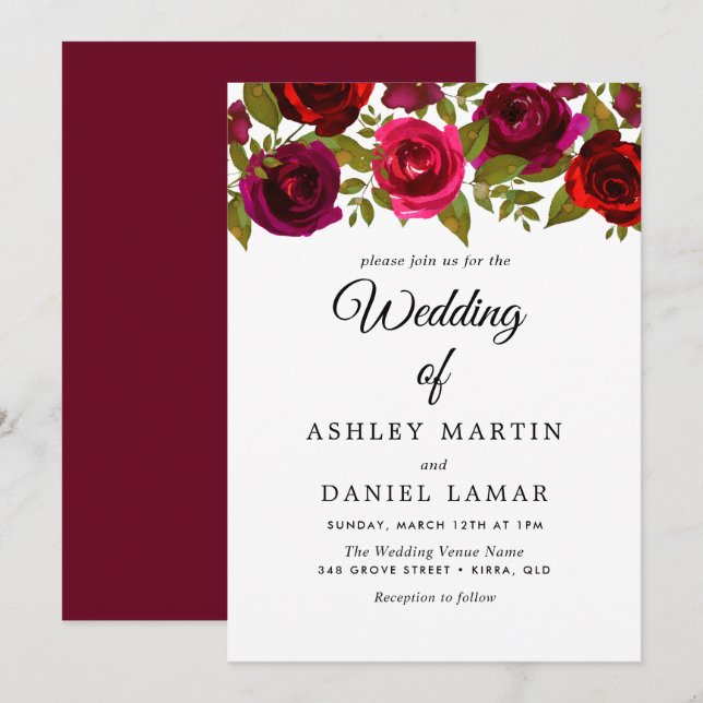 Burgundy Red Flowers Elegant Wedding Invitation (Front/Back)