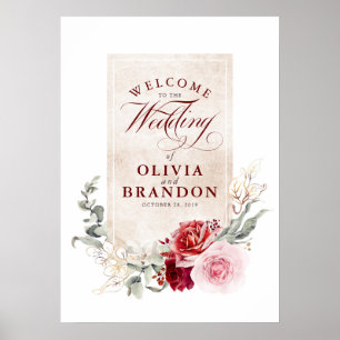 Burgundy Red Flowers Elegant Wedding Welcome Sign