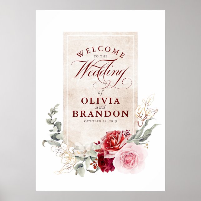 Burgundy Red Flowers Elegant Wedding Welcome Sign (Front)