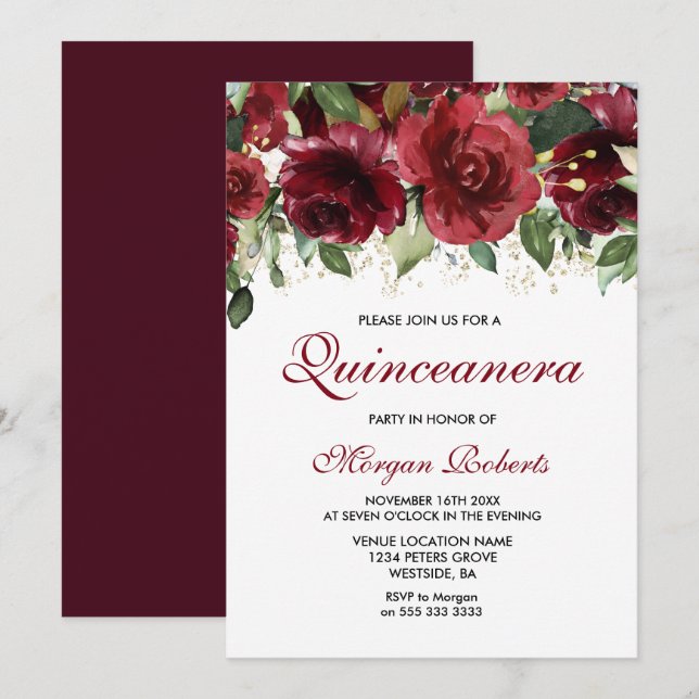Burgundy Red Flowers Glitter Quinceanera Party Invitation (Front/Back)