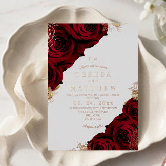 Burgundy Red Flowers Gold Foil Wedding