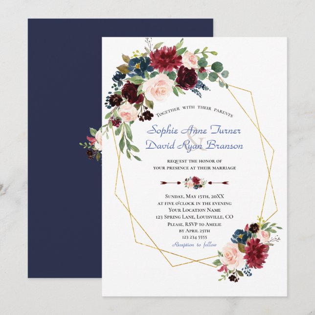 Burgundy Red Flowers Gold Frame Wedding Invitation (Front/Back)