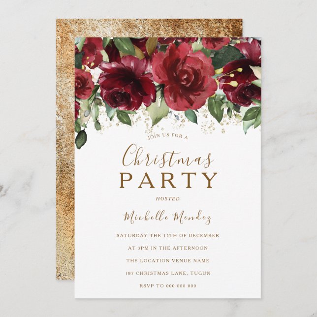 Burgundy Red Flowers Gold Glitter Christmas Party Invitation (Front/Back)