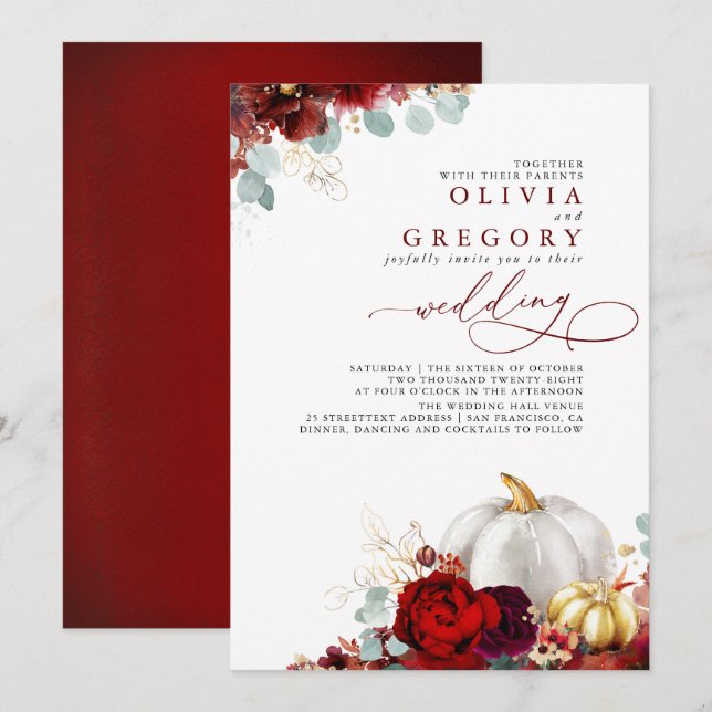 Burgundy Red Flowers Gold Pumpkins Fall Wedding Invitation (Front/Back)