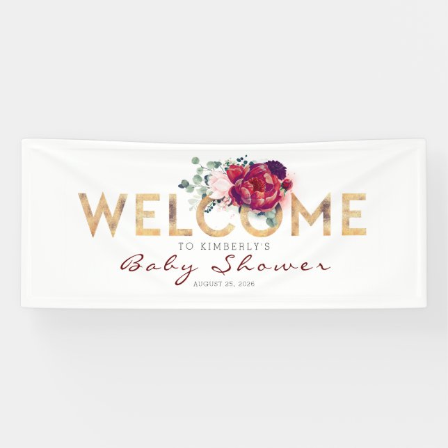 Burgundy Red Flowers Gold Typography Baby Shower Banner (Horizontal)