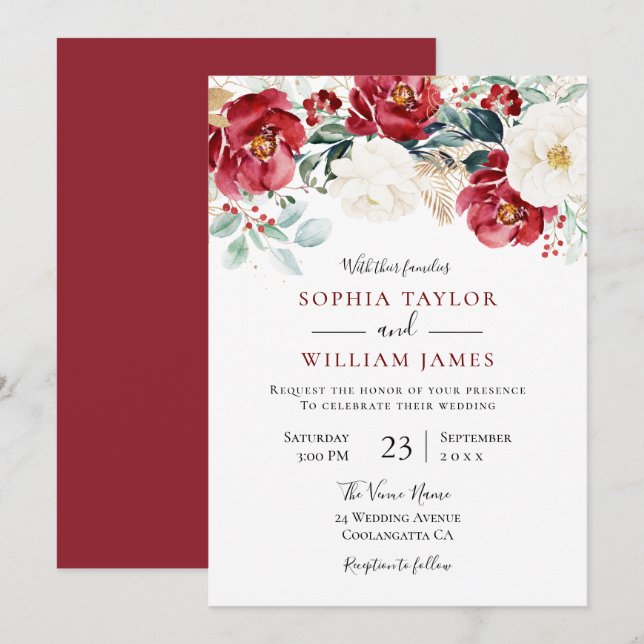 Burgundy Red Flowers Holiday Wedding Invitation (Front/Back)