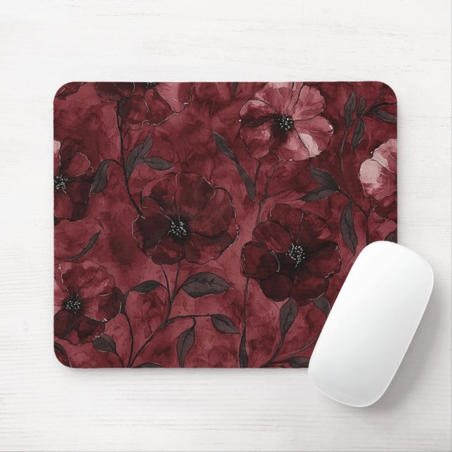 Burgundy Red Flowers Mouse Mat (With Mouse)